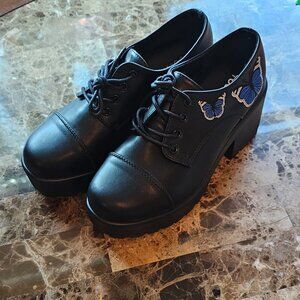 "Koi Black Lace-Up Oxford Shoes – Blue Butterfly Embroidery – Size 5 – NW/OT